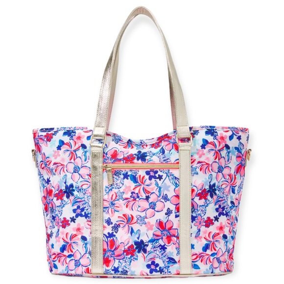 LILLY PULITZER Insulated Beach Bag Resort White Party Like Lobstar Gold Leather - Picture 3 of 7